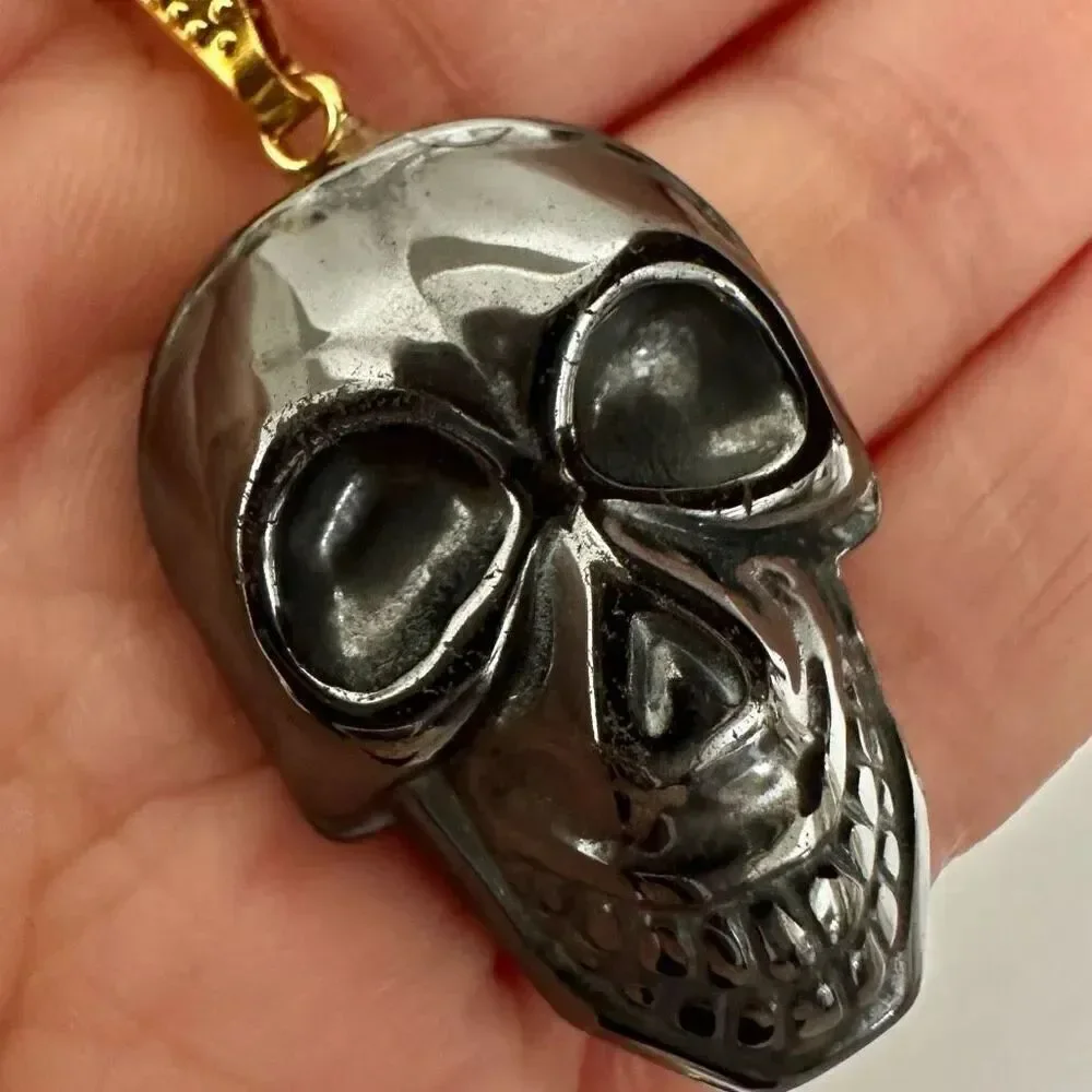 Hematite skull pendant necklace